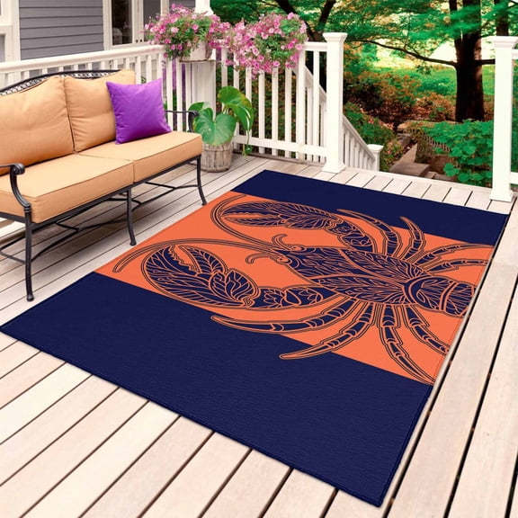 Lobster Navy Blue Outdoor Rug 5x7 Ft, Non Slip Washable Area Rug, Boho Tropical Orange Stripe Summer Patio Rugs Carpet Runner, Large Floor Mat for Indoor/Outdoor Deck Porch Camping