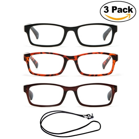 3 Pack Newbee Fashion - Unisex Slim Fit Small Squared Reading Glasses with Spring Hinge with Lanyard +1.75