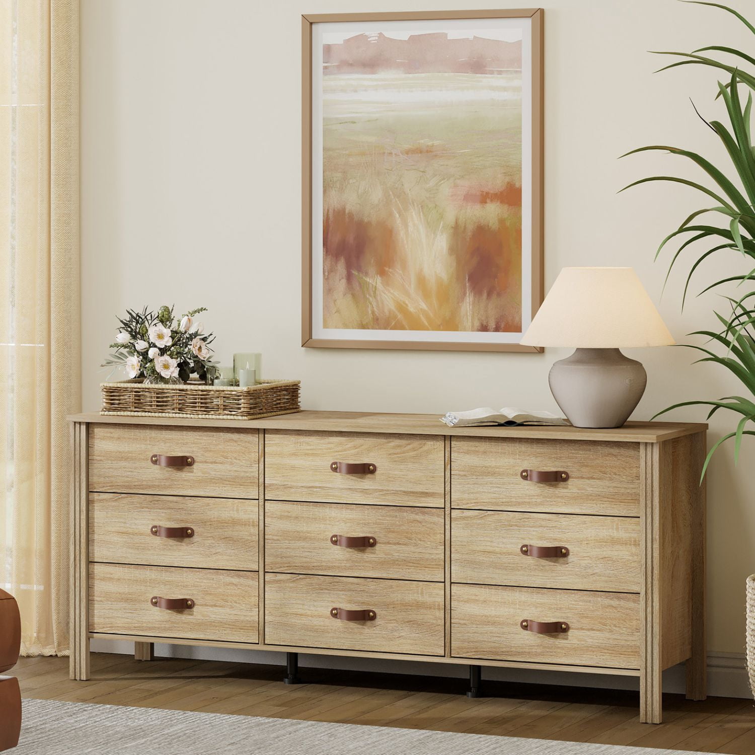 Wampat 9 Drawers Dresser for Nursery, Farmhouse Dresser with Wide Chest of Drawers for Living Room, Light Oak, 62 inch