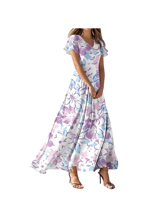 Dresses for Women 2025 Summer Elegant Classy Flowy Ruffle Swing V Neck A Line Dress Casual Boho Long Sundress (Z4-Light Purple, L)