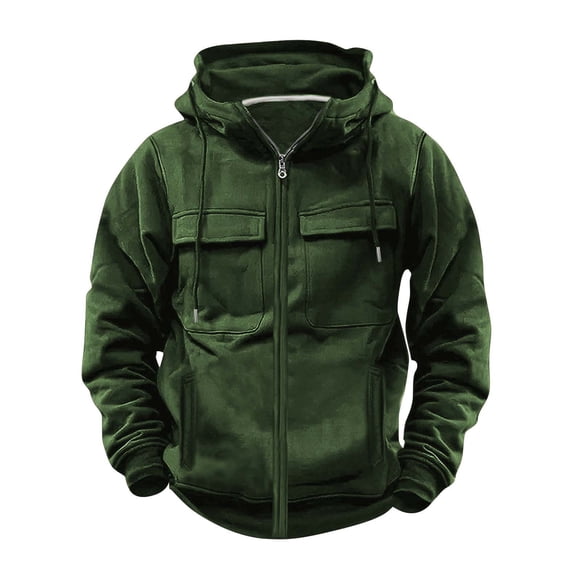 Fengqque Sweatshirts Men Hoodies Full Zip Long Sleeve Workout Cargo Pullover Sport Outdoor Winter Jacket with Pocket Army Green M(M)