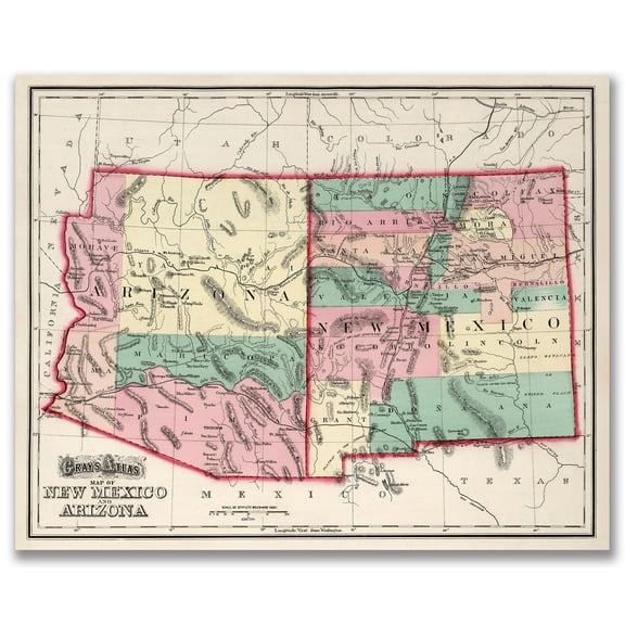 New Mexico and Arizona 1875 Vintage Map 11x14 Unframed Print–Antique Gray’s Atlas Poster Historical Cartography Reproduction w/Counties Railroads Towns Wall Art Rustic Southwest Decor for Home Office