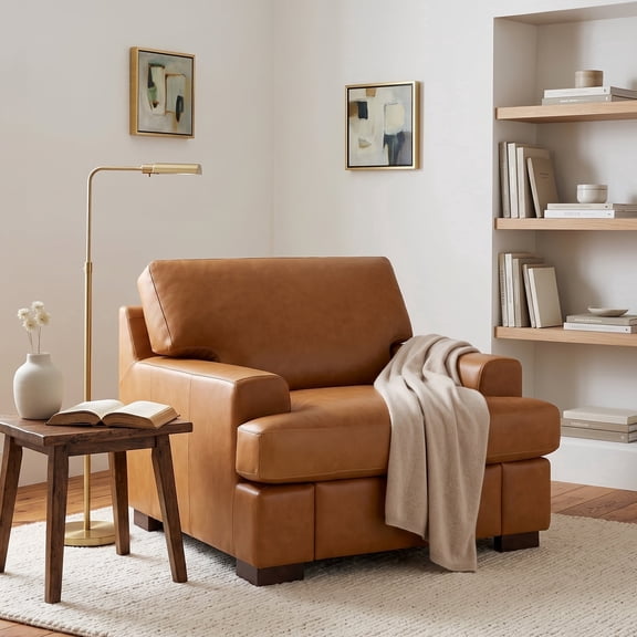 Naomi Home Siggy Genuine Leather Oversized Accent Chair, Goose Feather Cushion, Modern Design, Easy Assembly, Cozy Reading Chair for Living Rooms or Bedrooms, Tan
