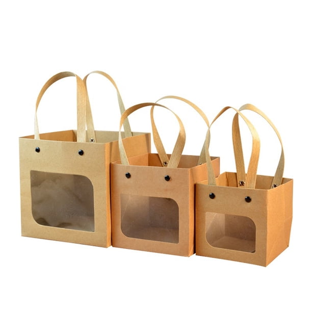 Xiao Hua Regalos, flores, bolsas de embalaje para cajas de regalo, bolsas de regalo con ventana transparente, bolsas de papel kraft, bolsas de mano cuadradas (ventana marrón, grandes)
