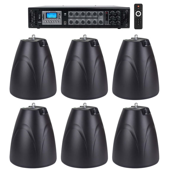Rockville 6-Zone Commercial Amp 6 Black Pendant Speakers For Restaurant/Bar/Cafe