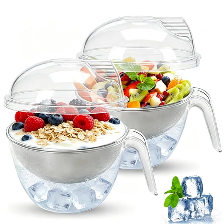 2 Pcs Ice Salad Bowl with Lid, Large Ice Chilled Serving Bowls for Parties, Ice Chilled Dip Bowl, Stainless Steel Chilled Salad Bowl for Chilled Pasta, Potato, Dressing, Fruit