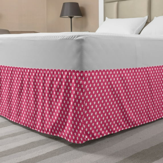 Star Bed Skirt, Celebration Shapes Girlish Toned Party Abstract Themed Continuous Minimal Pattern, Elastic Bedskirt Dust Ruffle Wrap Around for Bedding Decor, 4 Sizes, Hot Pink White, by Ambesonne