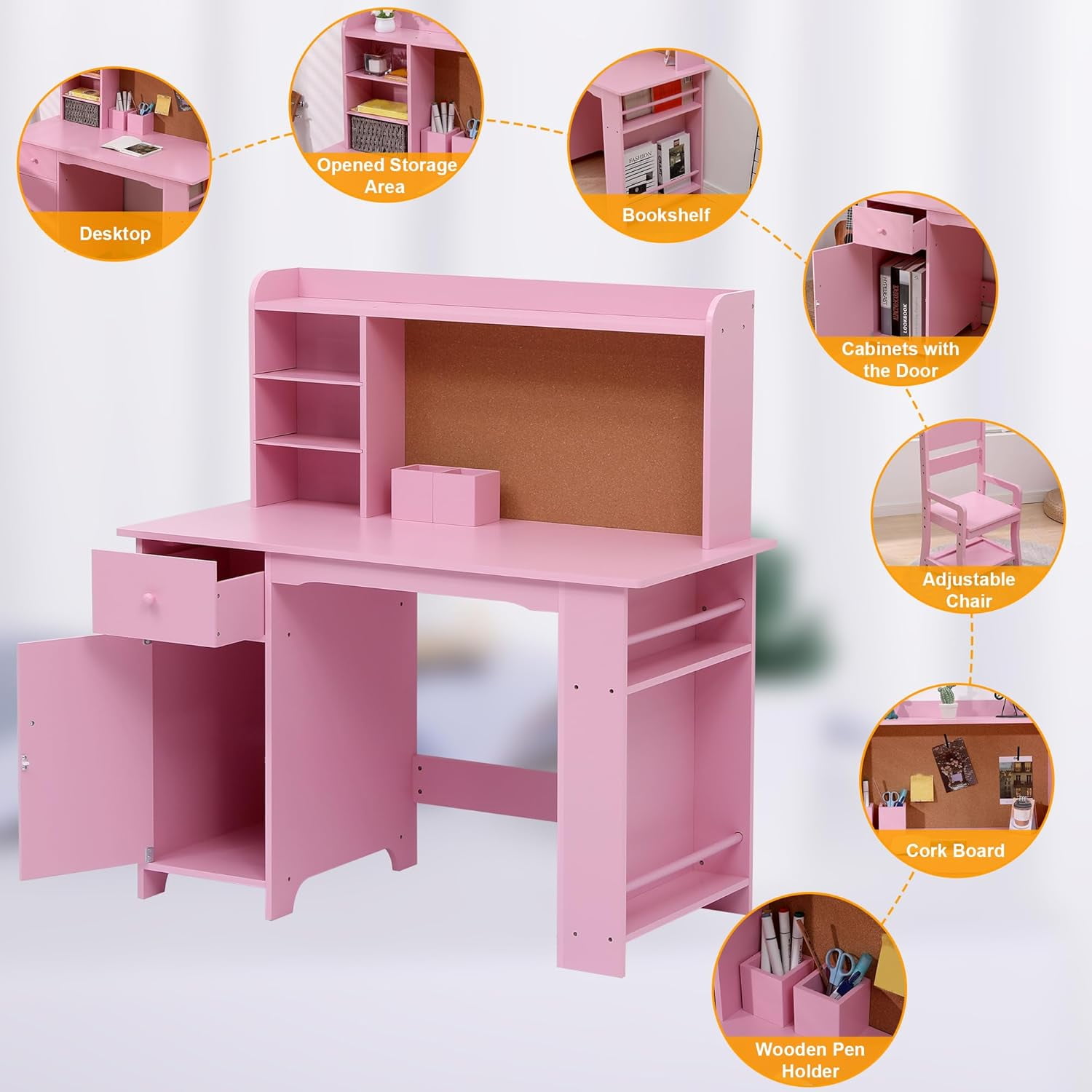 Kids Desk and Chair Set, Wooden Study Table with Storage Shelf, Bulletin Board, Children School Learning Desk Set, Writing Table for Boys and Girls