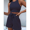 thumbnail image 4 of Conjuntos de Verano para Mujer, Conjunto Informal de 2 Piezas con Top Corto y Pantalones Cortos de Punto Gofre, Ropa de Dormir, Azul Marino, Talla XL, 4 of 8