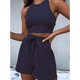 thumbnail image 4 of Conjuntos de Verano para Mujer, Conjunto Informal de 2 Piezas con Top Corto y Pantalones Cortos de Punto Gofre, Ropa de Dormir, Azul Marino, Talla XL, 4 of 8