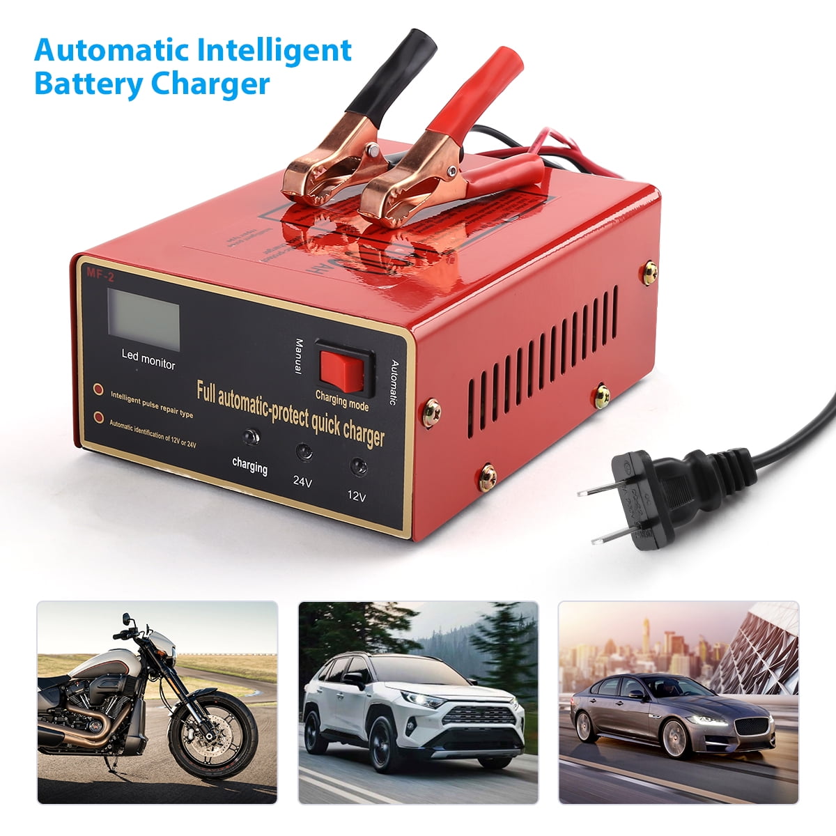 12V/24V Full Automatic Maintenance-free Car Battery Charger Smart Fast  Power Charging for Scooter, Motorcycle, Car, Tractor Boat 