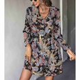 thumbnail image 2 of Vestido estampado de mujer, manga larga, cuello en V, lazo, estampado de flores de anacardo, cintura media, vestido con estampado floral para mujer para otoño invierno negro L, 2 of 8