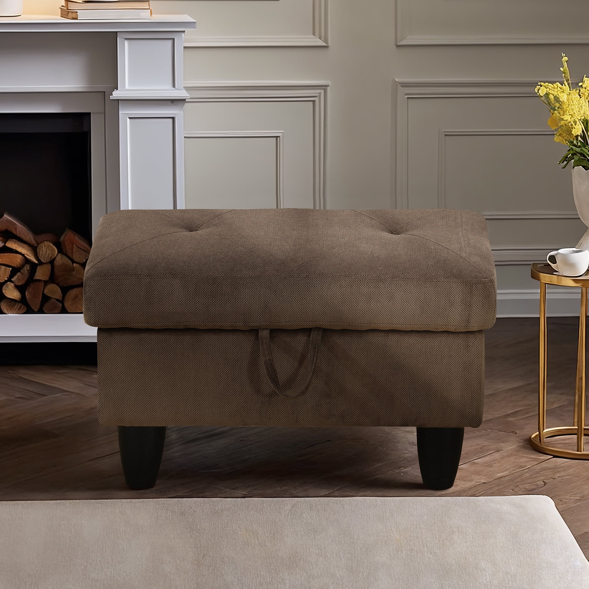 WRTEYEUI Ottoman Rectangular Storage Ottoman Bench, Flannel Footrest Stool Footstool with Lid for Living Room, Bedroom, Entryway, Dark Brown, 28.5"x19"x17.5"