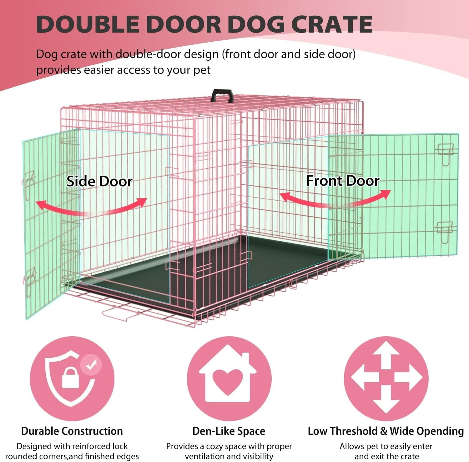 Extra Large Dog Crate Dog Kennel Cage with Double Door,30 inch Folding Metal Wire Dog Cage with Removable Tray&Divider Panel,Pet Crate for Large Dogs,Pink