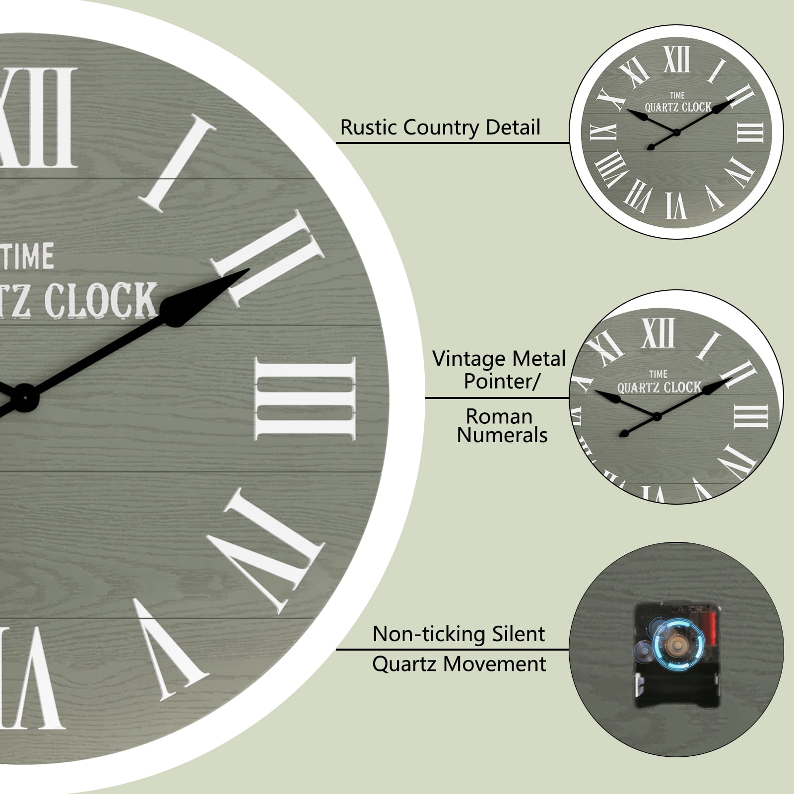 HLR 35.5” Farmhouse Large Shiplap Round Wall Clock with Roman Numeral for Living Room Decor, Green
