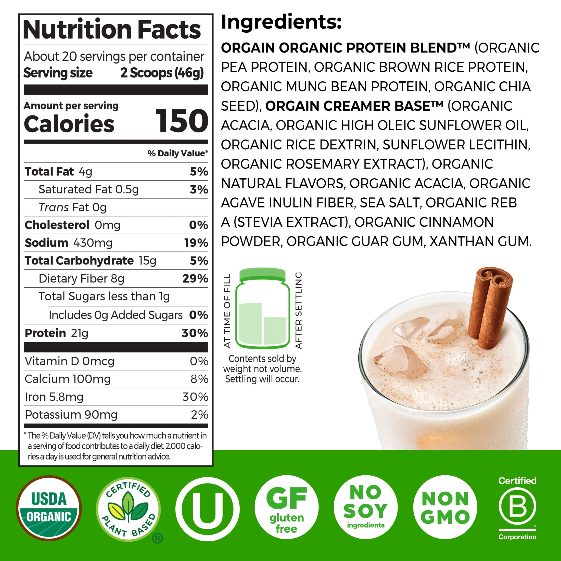 Orgain Organic Vegan 21g Protein Powder, Plant Based, Horchata 2.03lb