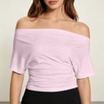 thumbnail image 2 of Rggeeun Women's T-Shirts Solid Color Off The Shoulder Square Neck Short Sleeve Loose Fit Soft Lightweight for Summer Outdoor Play Cool Tee,Pink,L, 2 of 4