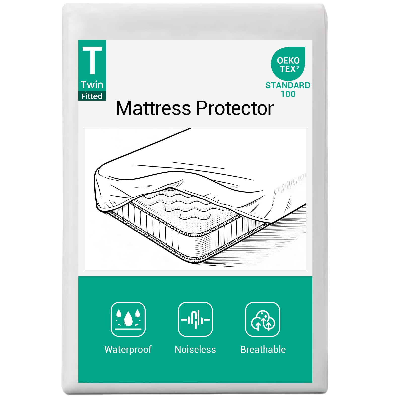 Ophanie Twin Size Fitted Mattress Protector, Waterproof, Breathable, Noiseless Bed Cover, 6"-14" Deep Pocket, White, for Home, Dorms, and Hotels