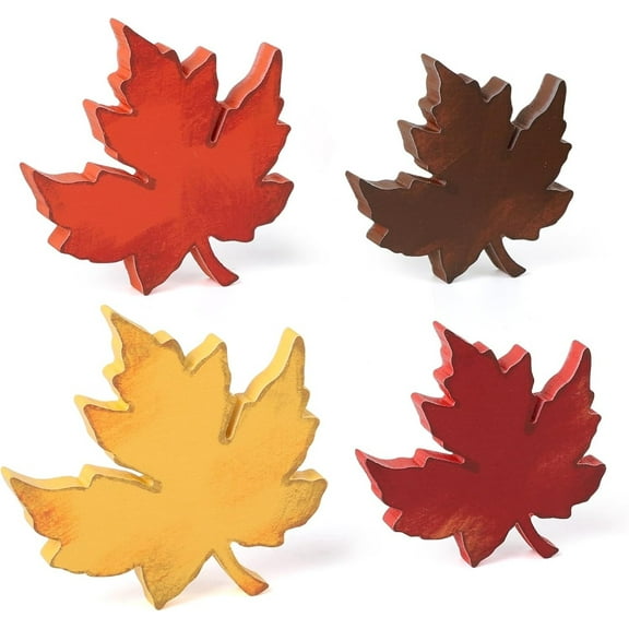 Farmhouse Fall Table Decor Set – 4-Pc Vintage Wooden Maple Leaf Signs Block, Rustic Harvest Tabletop Decorations for Thanksgiving Home/Tiered Tray/Party Shelf Display
