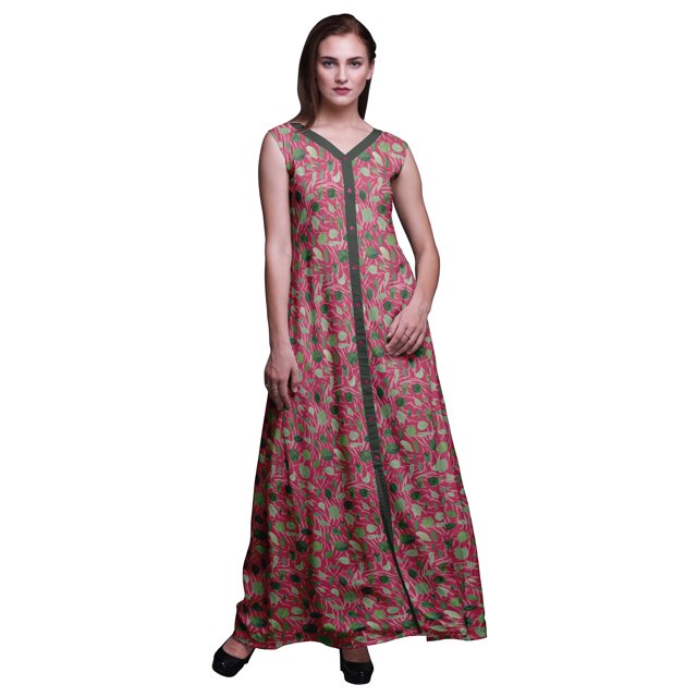 Bimba Feuilles Femmes Imprimé Fente avant Sans Manches Maxi Été Longue Robe Décontractée-Xxx-Grand