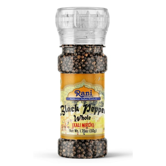 Rani Black Pepper Whole (Peppercorns), Premium Indian MG-1 Grade 1.75oz (50g) Grinder Bottle ~ All Natural | Gluten Friendly | Non-GMO | Kosher | Perfect size for Grinders!