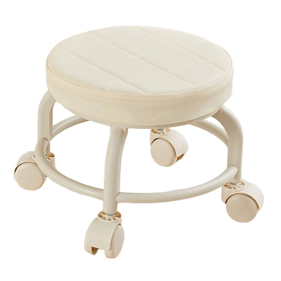Low Height Round Rolling Stool With Wheels, Portable Rest Seat For Living Room Bedside Salon Pedicure White