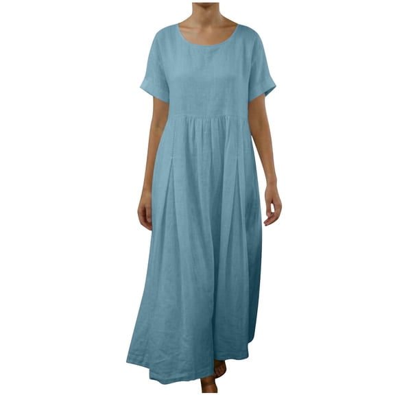 Ygbgbb Cotton Linen Dresses for Women Loose Fit Summer Maxi Dress Lightweight Loungewear Dress Solid Casual Short Sleeve Dress Light Blue S