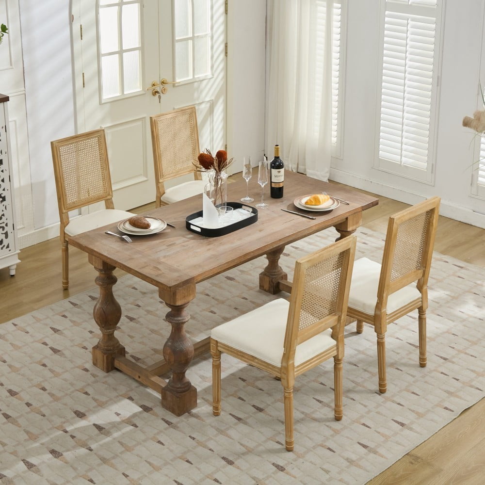 French Dining Chairs Set of 2, Louis Style Chairs with Square Rattan Backrest, Carved Solid Wood Frame, Linen Upholstered Seat, Beige