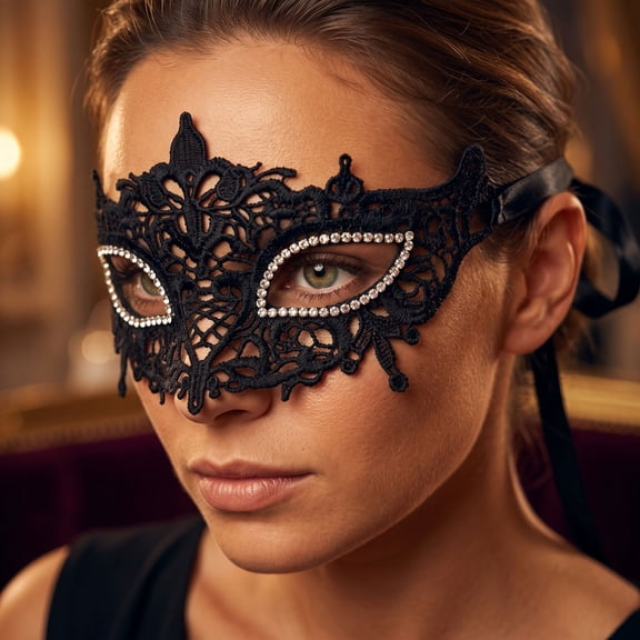 Black Masquerade Mask for Women 9 Inch Lace Venetian Style Halloween Party Accessory Rhinestone Embellished Eye Cover for Events, 1 Pack