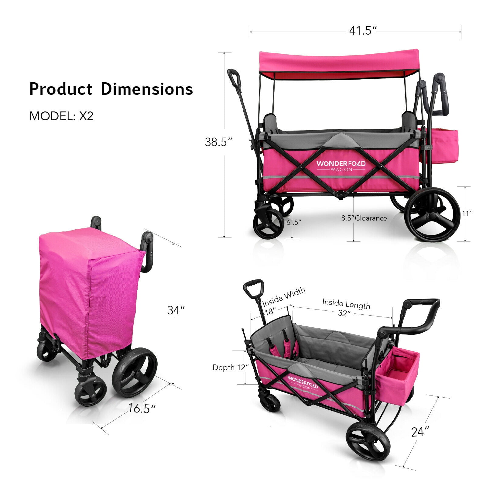 Wonderfold Pull & Push Twin Double Stroller Wagon with Canopy, Pink