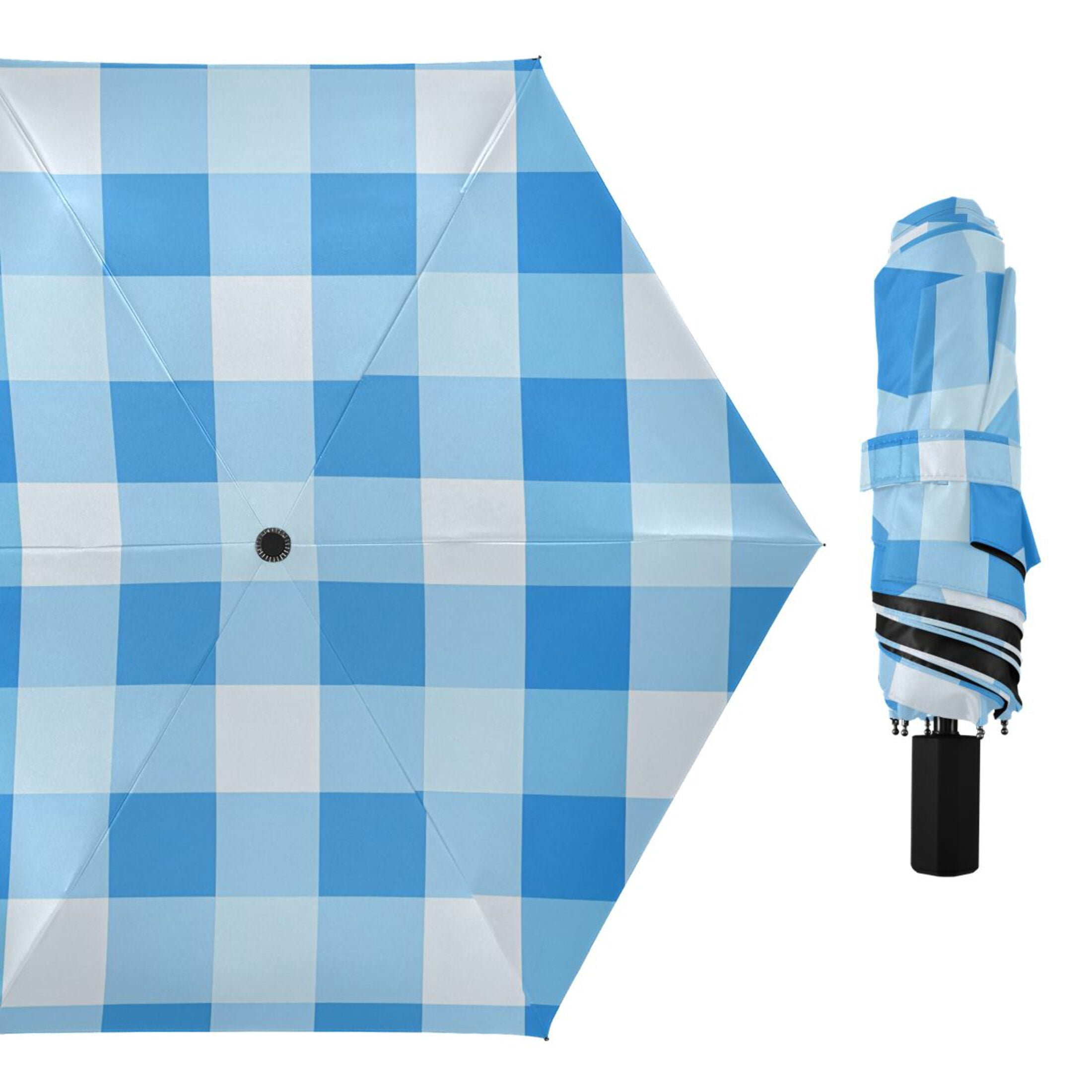ALAZA Blue Geometric Checkered Grid Pattern UPF 50+ Compact Folding Umbrella for Rain Travel Umbrella Packable