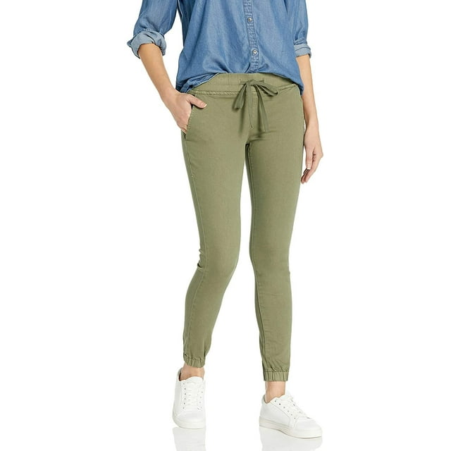 Cover Girl Junior's Pull On Camo Solid Mid Rise String Jogger Fit Sporty Active, Light Olive Green, 1