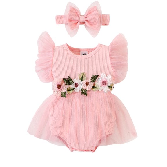 Wassery Infant Girl Romper Dress Flower Leaves Embroidery Rib Knit Fly Sleeve Tulle Skirt Hem Jumpsuits 3 6 9 12 18 Months Baby Bodysuits with Headband