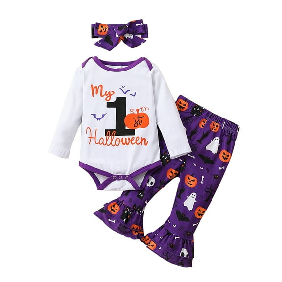 URMAGIC Newborn Baby Girls My First Halloween Pumpkin Outfits Bat Letter Print Long Sleeve Romper Trumpet Pants Headband 3PCS Set