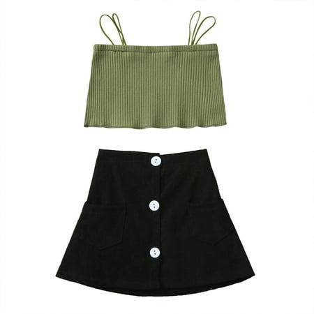 

YWDJ 6M-5Y Outfit Sets for Girls Toddler Kids Solid Ribbed Strapless Off-Shoulder Tops Skirts Outfits Green 100