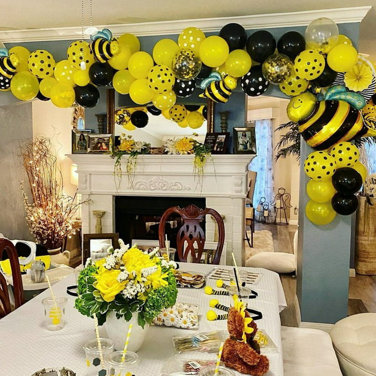 GEEKEO Yellow Black Balloons Garland Arch Kit with 2pcs Foil Bee Balloons,  Bee Themed Baby Shower Bee Gender Reveal Birthday Party Decorations  Supplies for Girl Boy 