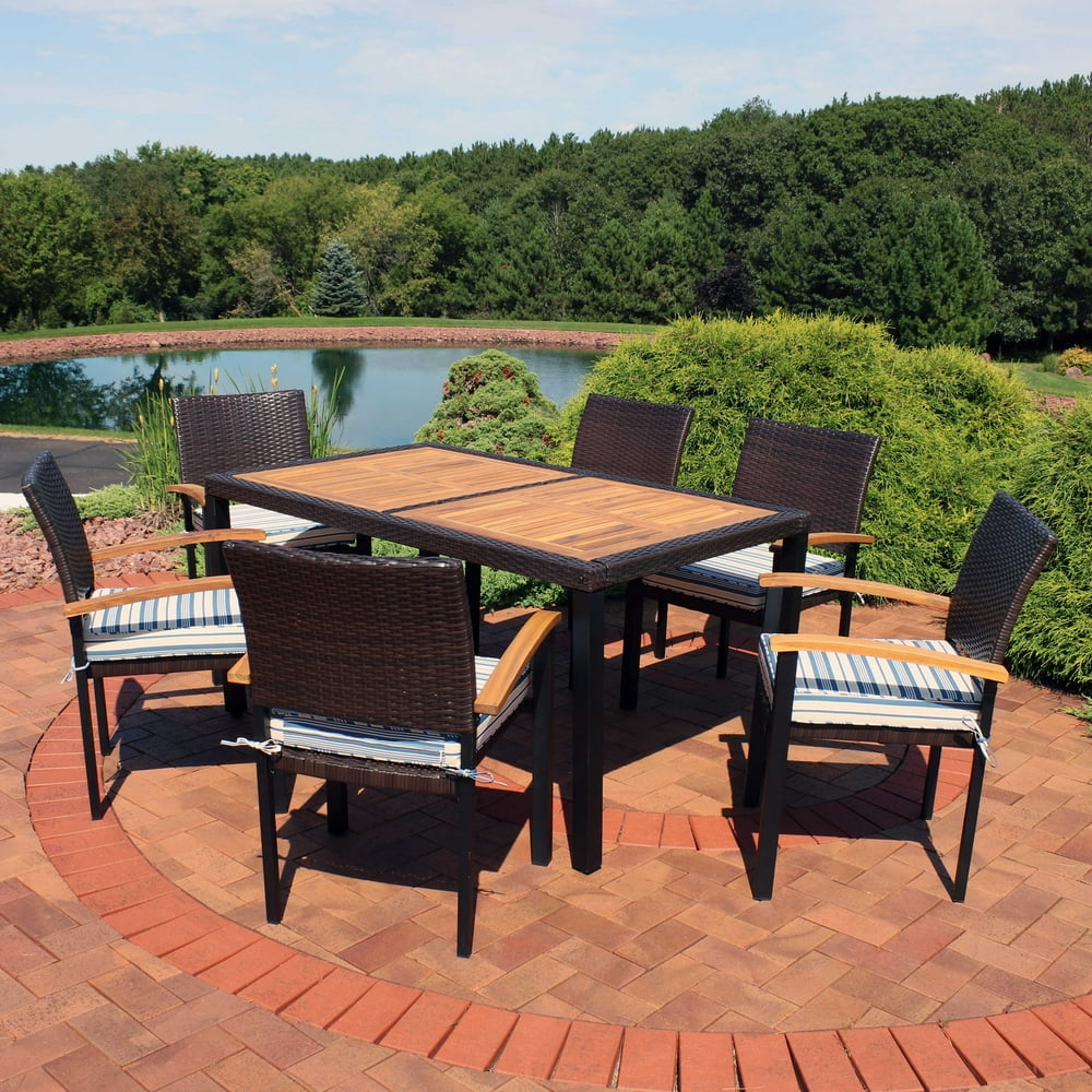 Sunnydaze Carlow Outdoor Dining Set 7Piece Rattan and Acacia Outside