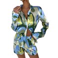 thumbnail image 1 of TRKIYQC Traje de 2 piezas para mujer, blusa con botones de solapa de manga larga abigarrada, pantalones cortos de cintura alta, ropa informal suelta acogedora para mujer TRKIYQC moda, 1 of 5