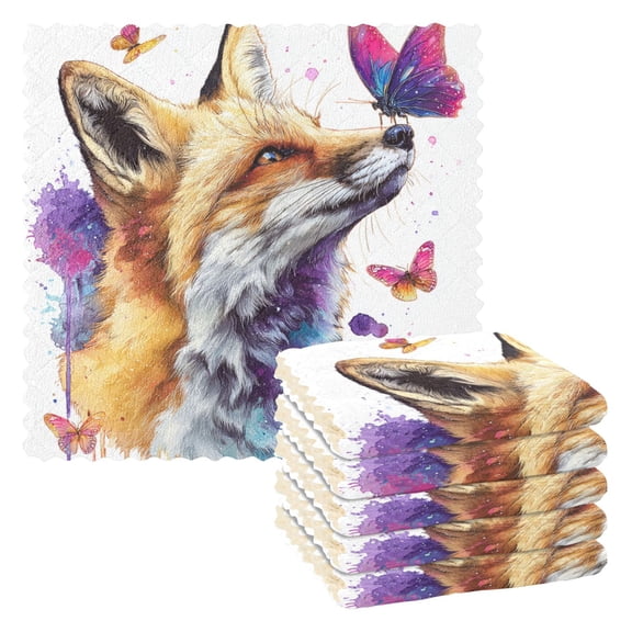 6PCS Dish Towels and Dish Cloths Reuseable Dishcloths Sets for Washing Dishes, Cooking, Baking Size 11" x 11" Fox and Butterflies