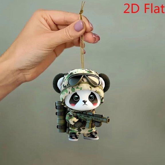 2D Flat Military Panda Acrylic Car Mirror Charm Keychain Hanging Ornament with Creative Auto Interior Accessory, Stylish Backpack and Home Decor Pendant Features Gifts