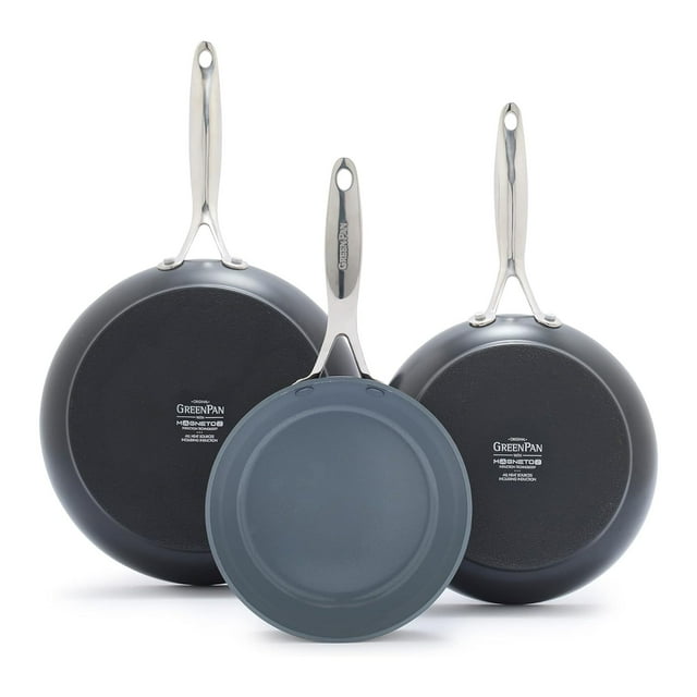 Juego de 3 sartenes GreenPan Valencia Pro anodizadas duras, antiadherentes de cerámica de 20, 24 y 28 cm, aptas para inducción, sin PFAS, aptas para lavavajillas, horno y asador, color gris