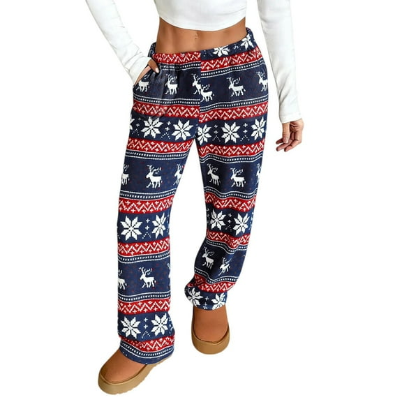 Women's Christmas Pattern Plush Sleep Pants with Soft Elastic Waist and 2 Pockets, Comfortable Pajama Bottoms for Home and Nightwear,Dark Blue,S