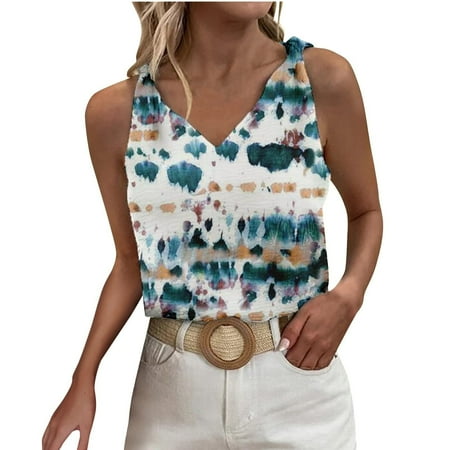 EHQJNJ Tank Tops for Women 2024 Built in Bra Sports T Shirt for Women Floral Print Shoulders Knotted Loose Tank Top Sleeveless V Neck Tees Casual Tunic Blouses Corset Tops for Women Plus Size Lace