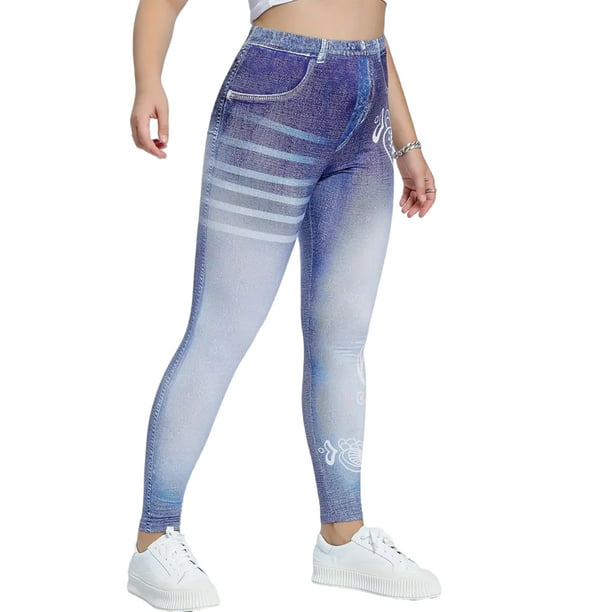 Plus Size 8 Colors Womens Pants Casual Fake Denim Jeans Ripped Stretch Yoga  Leggings Ladies High Waist Denim Print Slim Skinny Tight Trousers