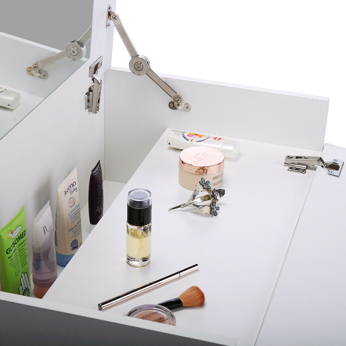 Kepooman Multifunctional Makeup Vanity Table, Bedroom Dressing Desk with Flip up Mirror and Hidden Storage Box - White Kepooman Multifunctional Makeup Vanity Table, Bedroom Dressing Desk with Flip up Mirror and Hidden Storage Box - White