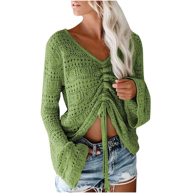 Womens Boho Sheer Knitted Hollow Out Crop Tops Bell Sleeve Flowy Oversized Crochet Ruched V Neck Pullover Sweaters