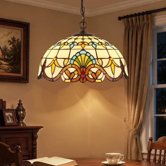 VIXNORYT Modern Stained Glass Pendant Light, Adjustable Chain 2-Light chandelier for Living Room & Bedroom