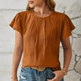 thumbnail image 2 of Fashion $15 & under Olyvenn Women Summer Dressy Blouses Pleated Petal Cap Short Sleeve Shirts Elegant Casual Loose Fit Tunic Blouse Business Tees Brown 6, 2 of 5