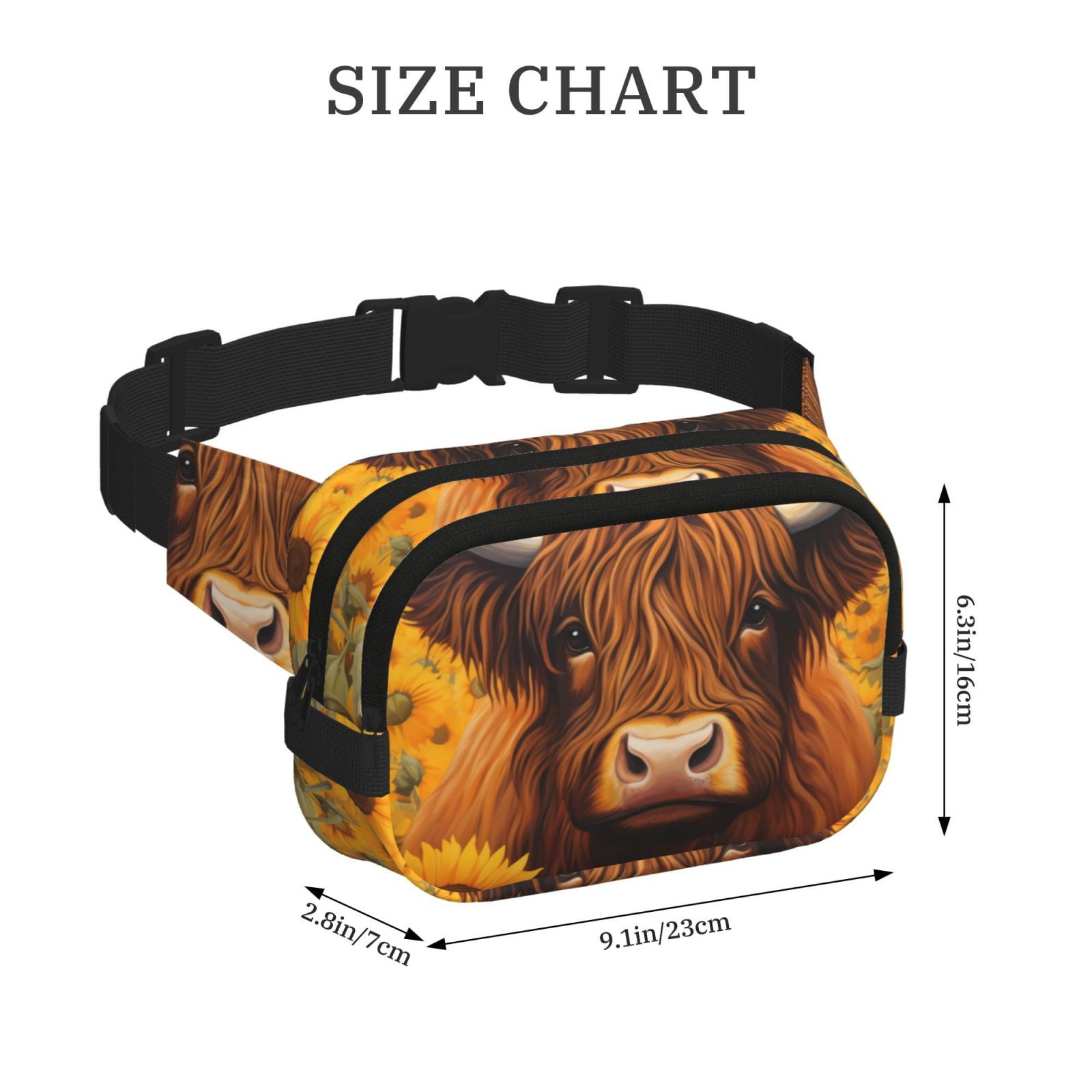 Picia Countryside Sunflower Cow Print Square Double-Layer Waist Bag Mini Adjustable Waist Belt Bag Exercise Running Travel Hiking
