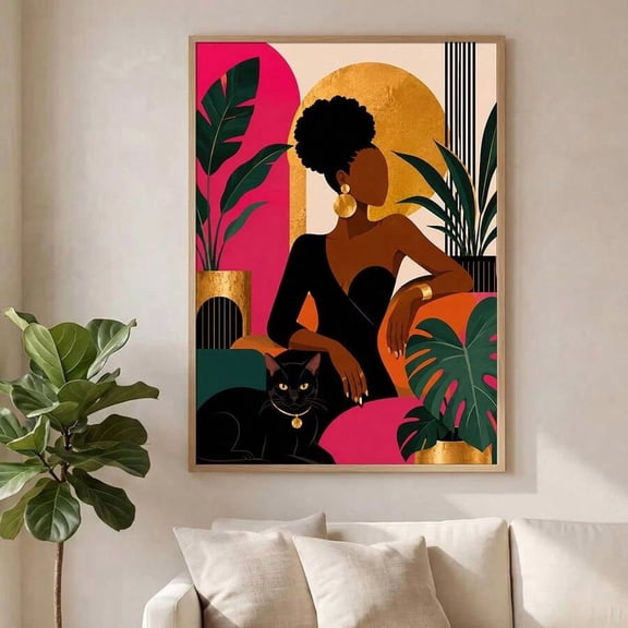 African American Woman with Black Cat Canvas Wall Art, Bold Pink Green Boho Figure Illustration Print, Modern Tropical Wall Decor for Living Room Bedroom
